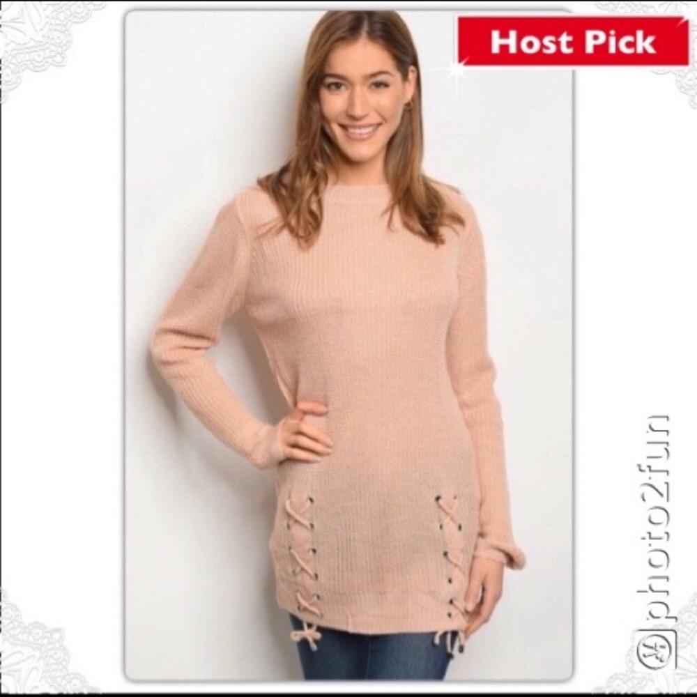 🌟 Dusty Pink Lace Up Tunic Sweater
